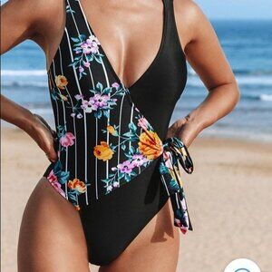 CUPSHE Sz XXL Summer Bliss Striped Floral Wrap  One Piece Swimsuit NWT